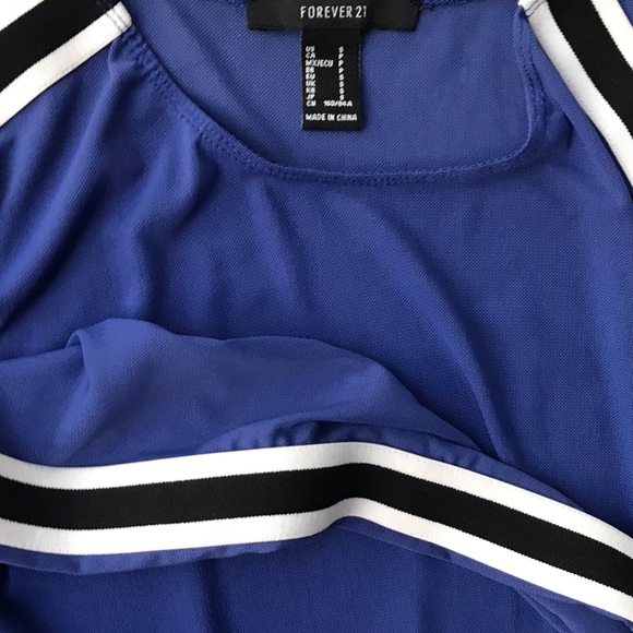 FOREVER 21 Sheer Royal Blue Long Racing Stripe Sleeves Risqué One Piece Bodysuit - Picture 3 of 7